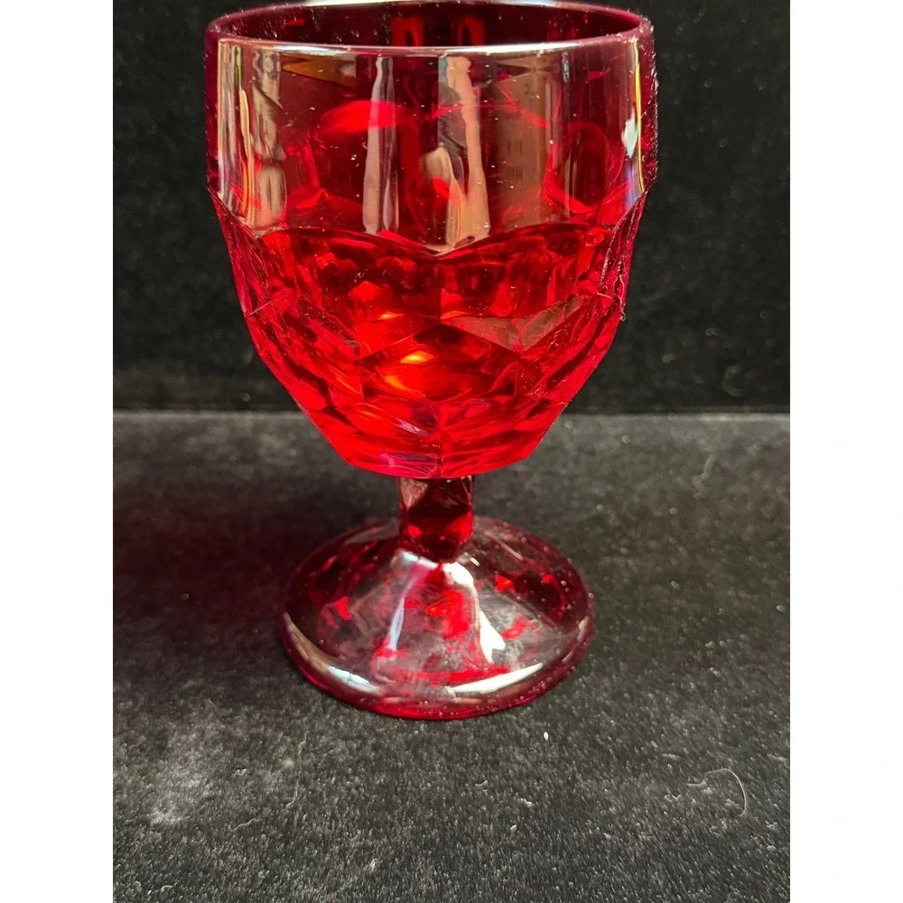 Vintage Ruby Red Glass Goblet‎ Thumbprint Pattern Stemware Wine Water Glass